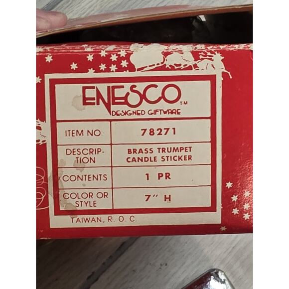 Vtg 1985 Enesco Brass Trumpet/Bugle Shaped Candle Holders 7" Christmas W/Box - Picture 3 of 5